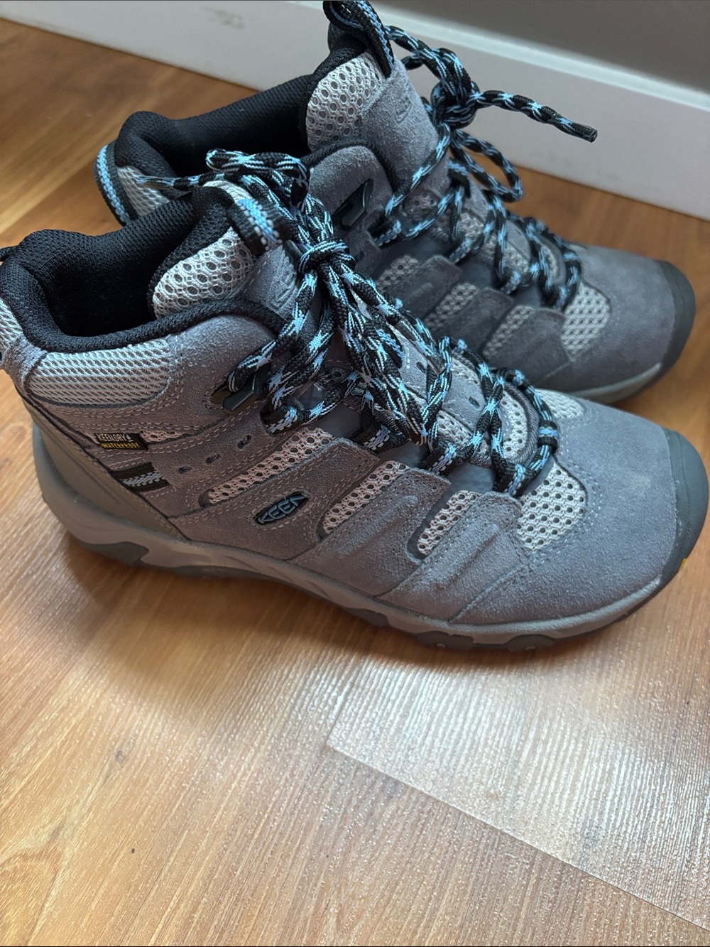 KEEN Waterproof Gray Hiking Boots with Blue-Patterned Laces